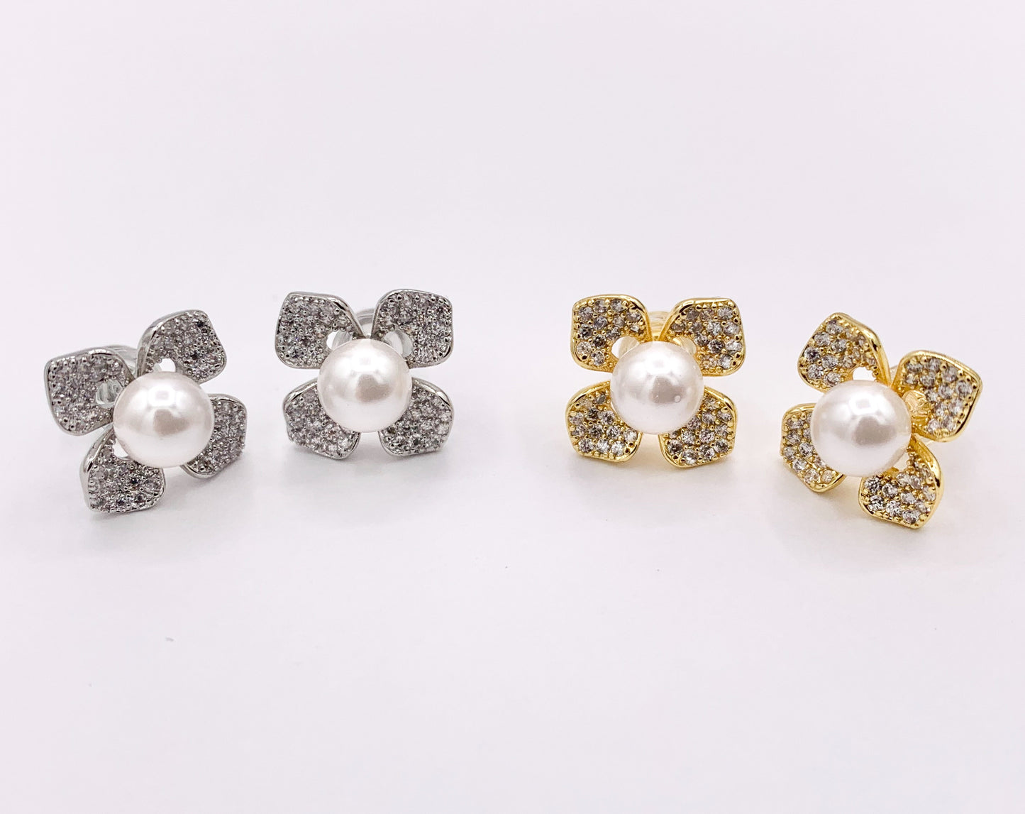 Beautiful CZ Pave Flower Pearl Studs in 18K Gold or Silver Plated Copper 3 PAIRS