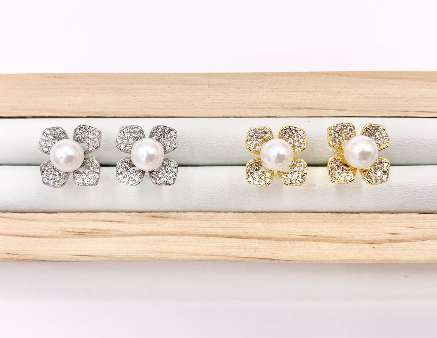 Beautiful CZ Pave Flower Pearl Studs in 18K Gold or Silver Plated Copper 3 PAIRS