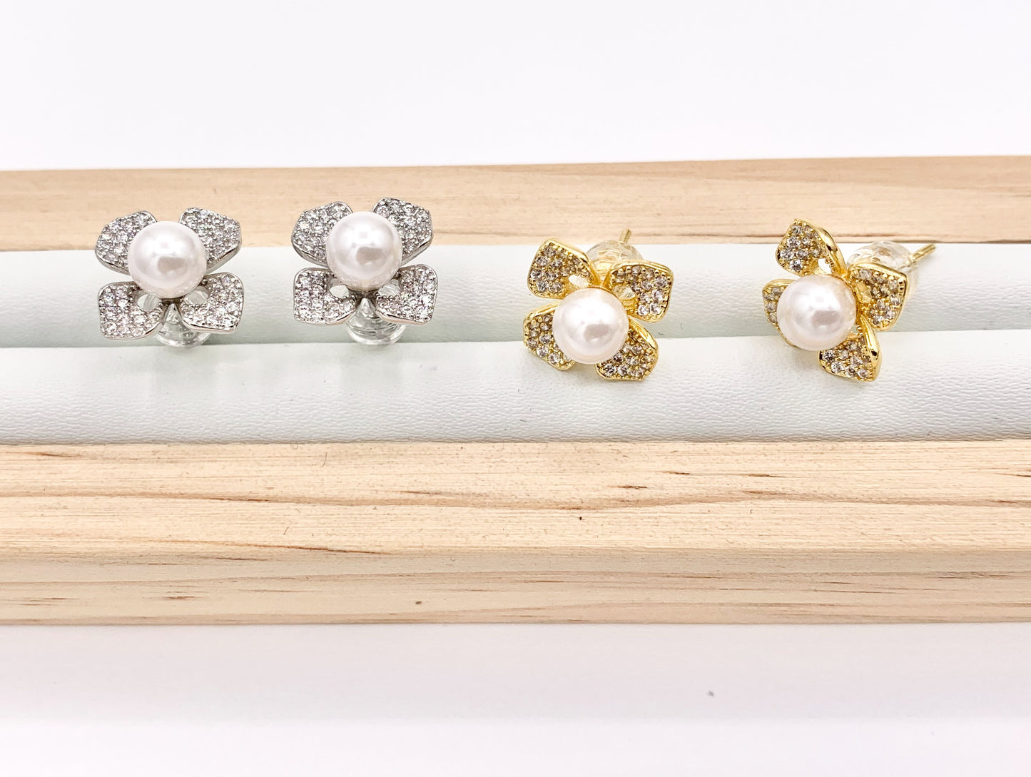Beautiful CZ Pave Flower Pearl Studs in 18K Gold or Silver Plated Copper 3 PAIRS