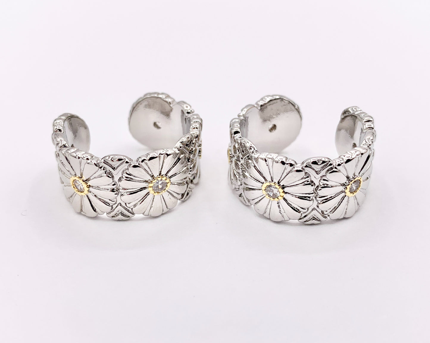 2 Tone Thick Chunky Daisy Adjustable Ring in Real Gold/Platinum 18K Plated Copper CZ Pave 4 PCS