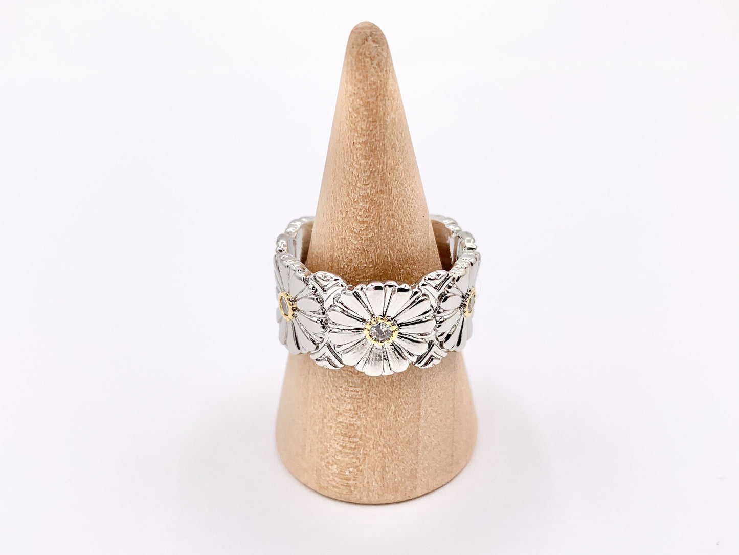 2 Tone Thick Chunky Daisy Adjustable Ring in Real Gold/Platinum 18K Plated Copper CZ Pave 4 PCS