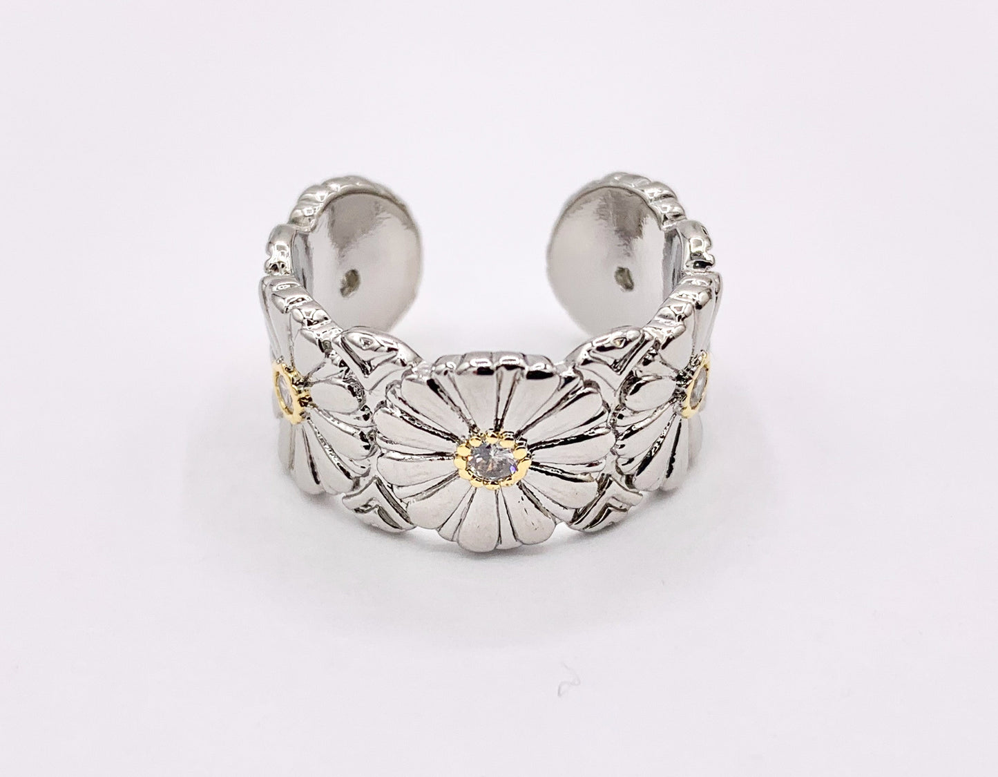 2 Tone Thick Chunky Daisy Adjustable Ring in Real Gold/Platinum 18K Plated Copper CZ Pave 4 PCS