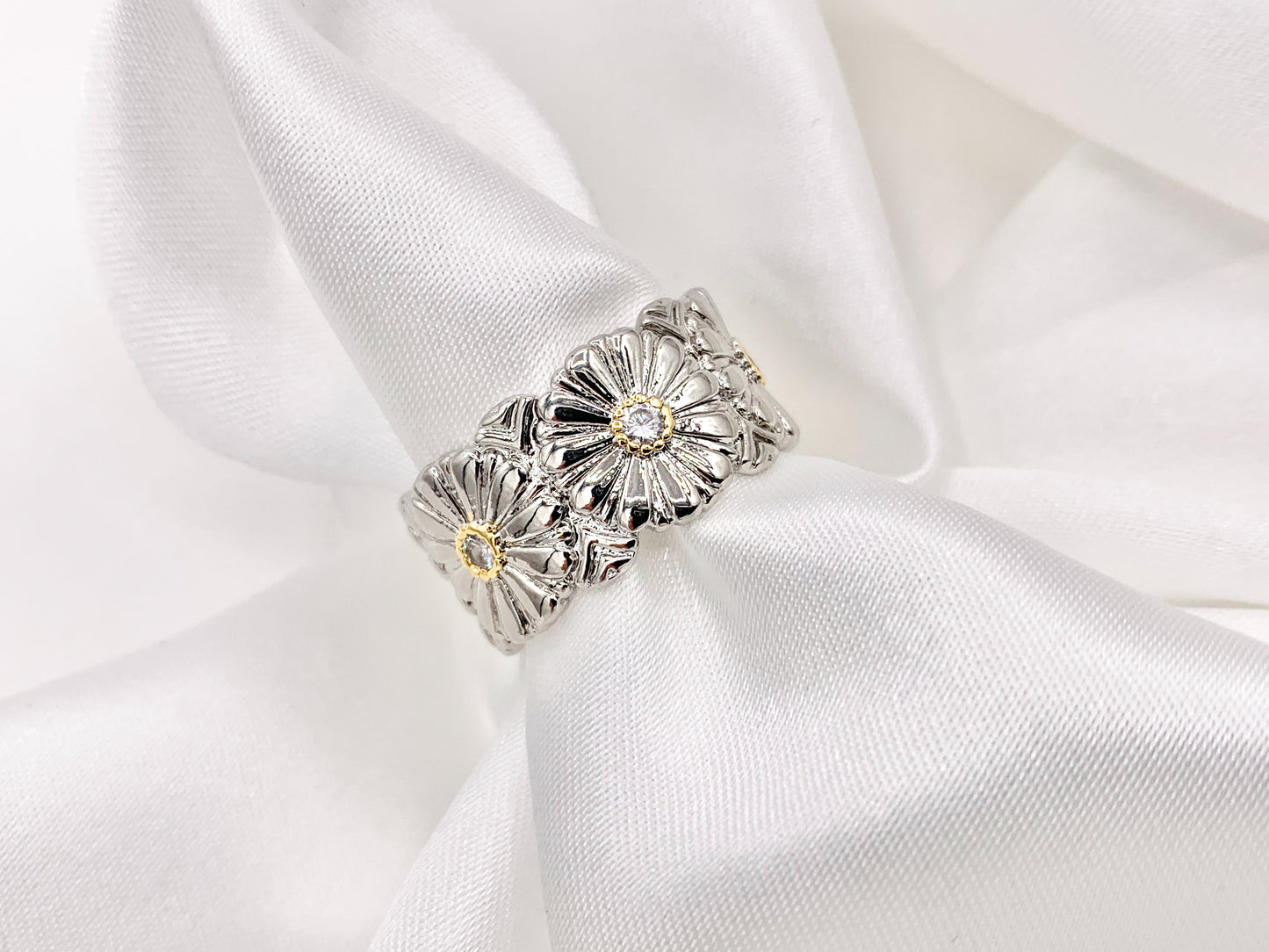 2 Tone Thick Chunky Daisy Adjustable Ring in Real Gold/Platinum 18K Plated Copper CZ Pave 4 PCS