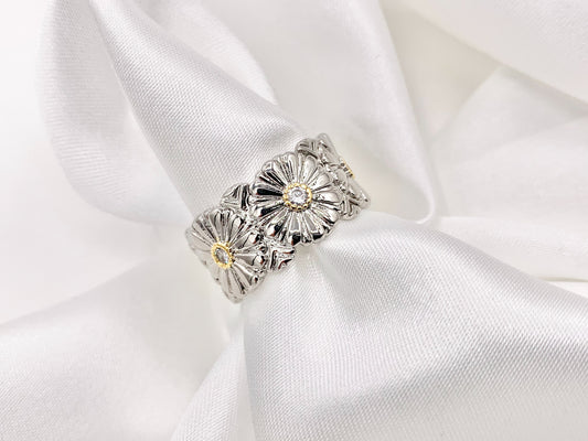 2 Tone Thick Chunky Daisy Adjustable Ring in Real Gold/Platinum 18K Plated Copper CZ Pave 4 PCS