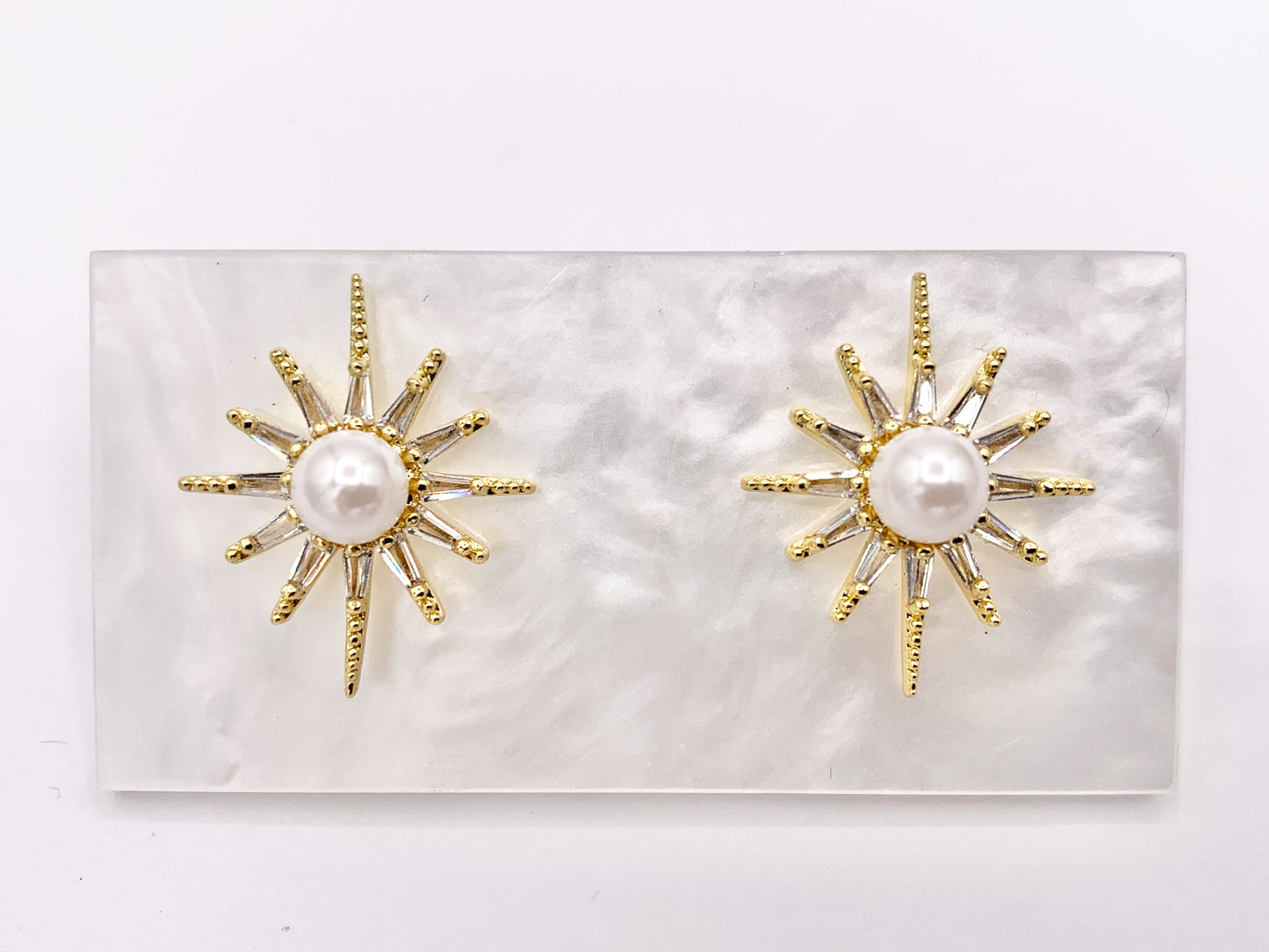Starburst with Pearl Stud Earrings in Real 18K Gold/Platinum Plated Pave Over Copper 3 PAIRS