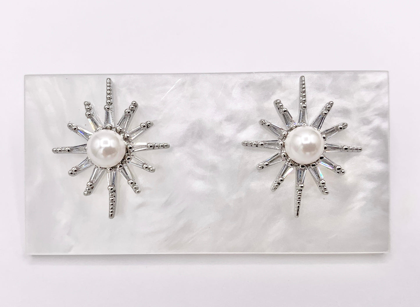 Starburst with Pearl Stud Earrings in Real 18K Gold/Platinum Plated Pave Over Copper 3 PAIRS
