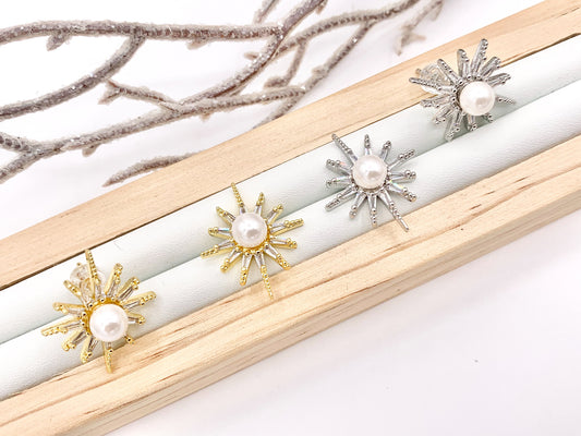 Starburst with Pearl Stud Earrings in Real 18K Gold/Platinum Plated Pave Over Copper 3 PAIRS