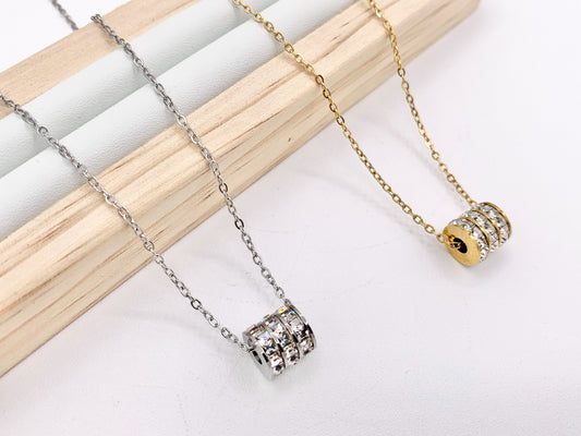 Delicate CZ Barrel Spacer Necklace Gold/Silver Plated Stainless Steel Dainty Flexible Minimalist Finished Necklace 16" with Extension Link