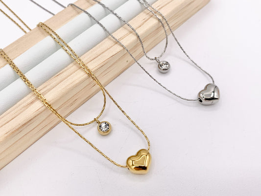 1 Set Delicate Heart Necklace Gold/Silver Plated Stainless Steel Dainty Flexible Minimalist Finished Necklace 16" with Extension Link