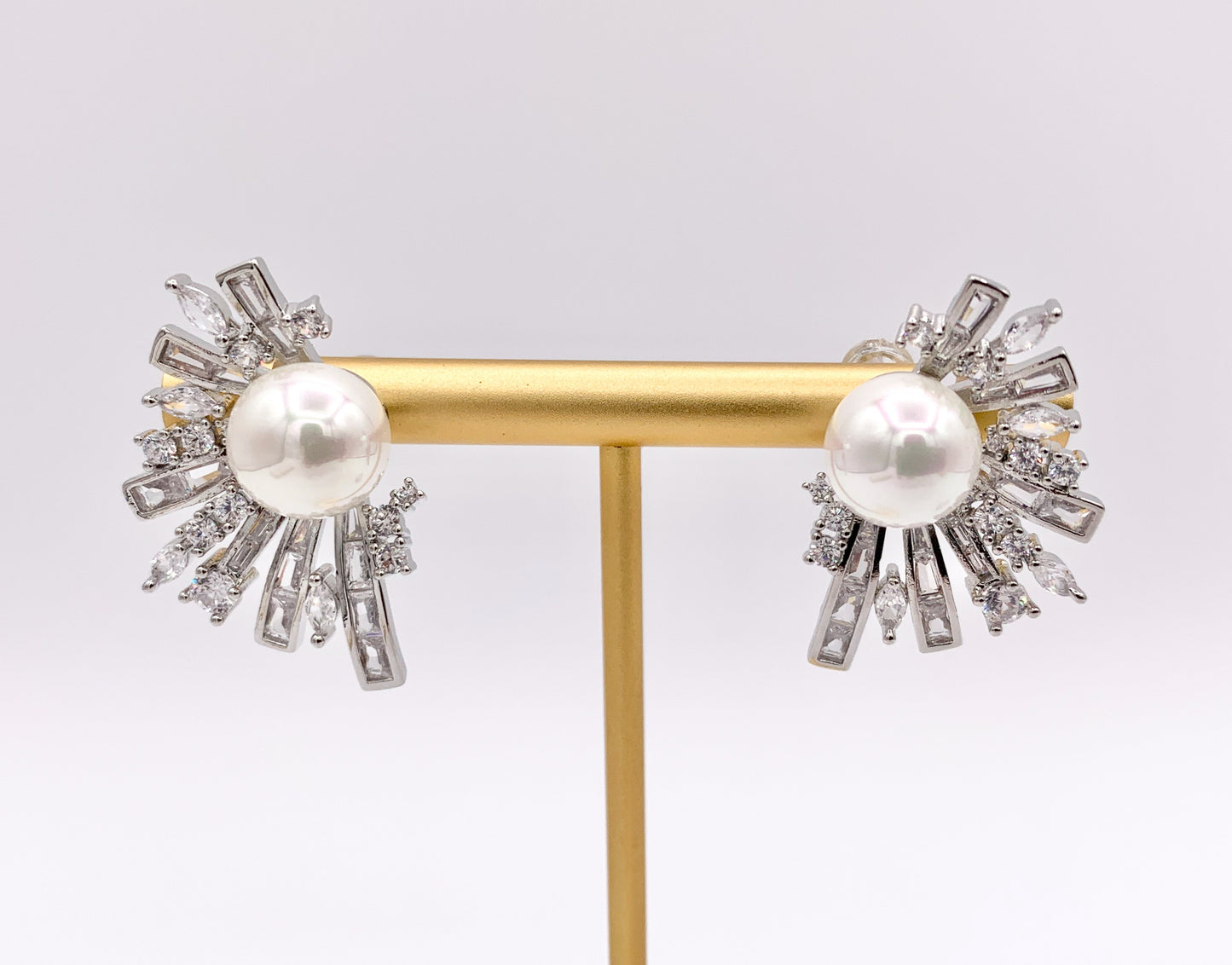 Big Statement Pearl Earrings Real Gold/Platinum 18K Plated Copper CZ Pave Abstract Baguette Radiant Fringe Earring 2 PAIRS