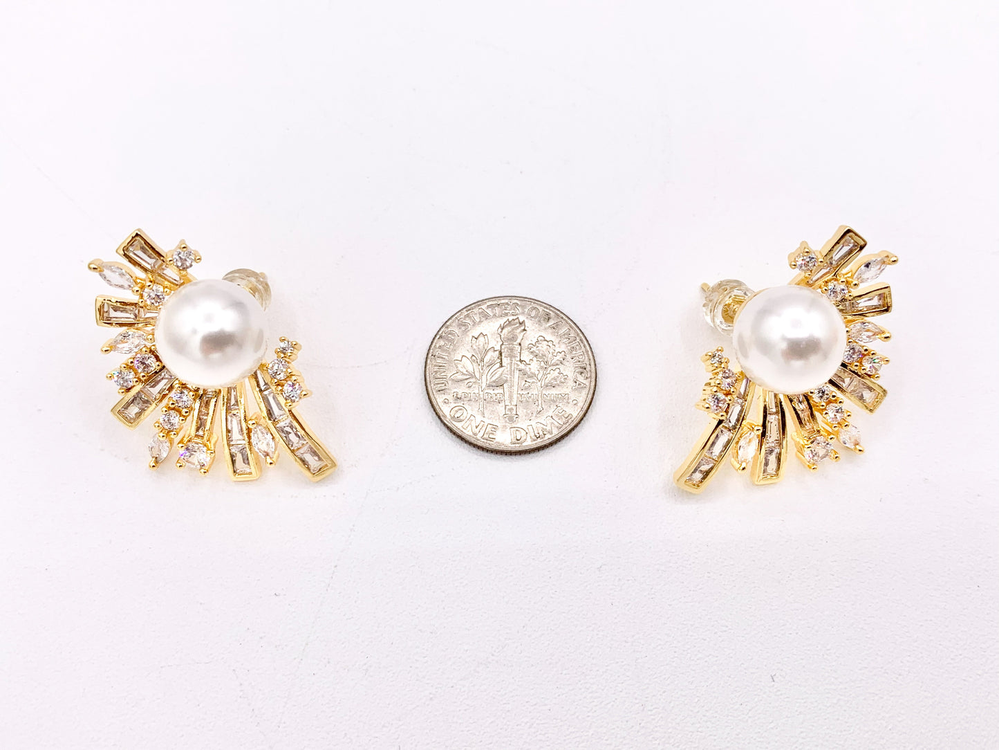 Big Statement Pearl Earrings Real Gold/Platinum 18K Plated Copper CZ Pave Abstract Baguette Radiant Fringe Earring 2 PAIRS