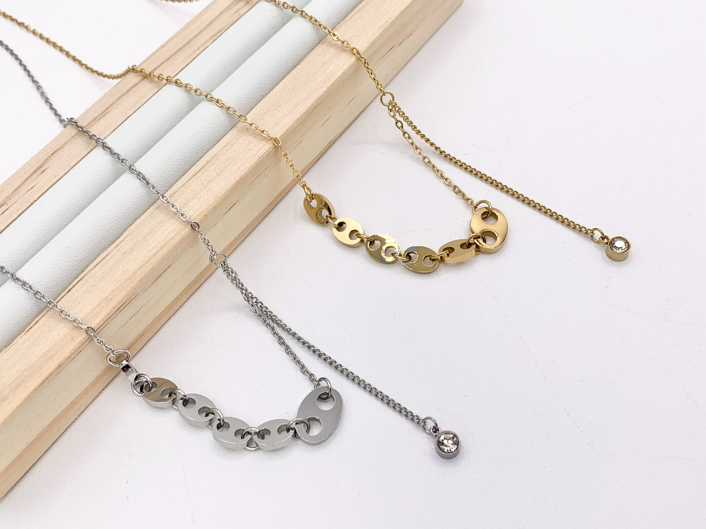 Delicate Coffee Bean Dangle CZ Pendant Necklace Gold/Silver Plated Stainless Steel Finished Necklace 16" with Extension Link
