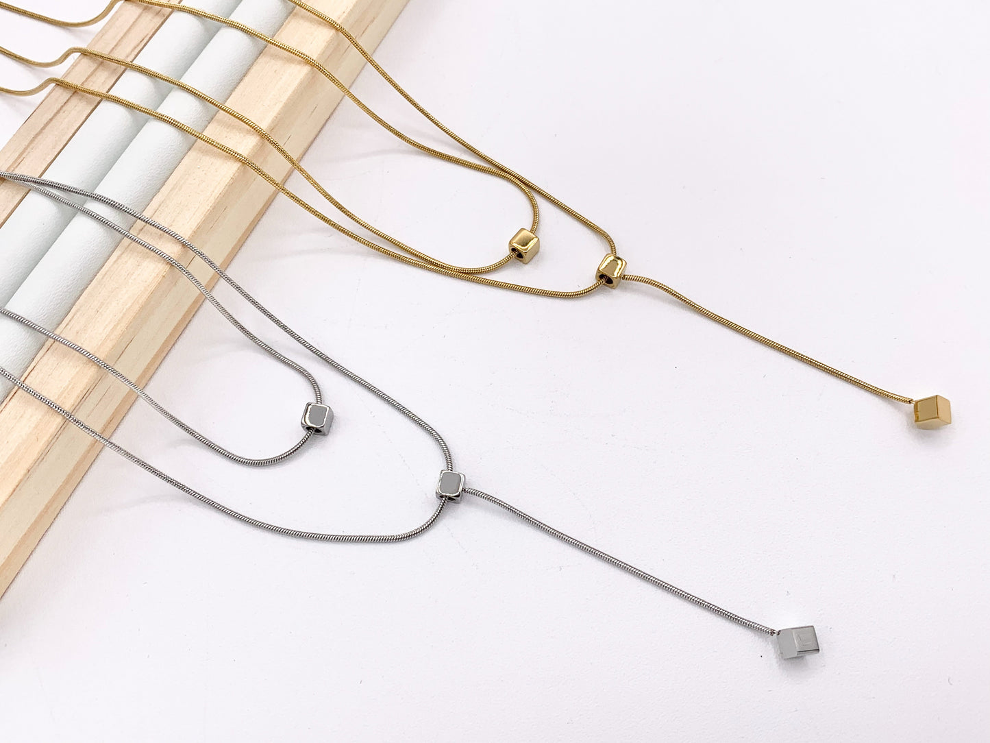 Delicate 2 Layer Dangle Necklace Gold/Silver Plated Stainless Steel Dainty Flexible Minimalist Finished Necklace 16" with Extension Link