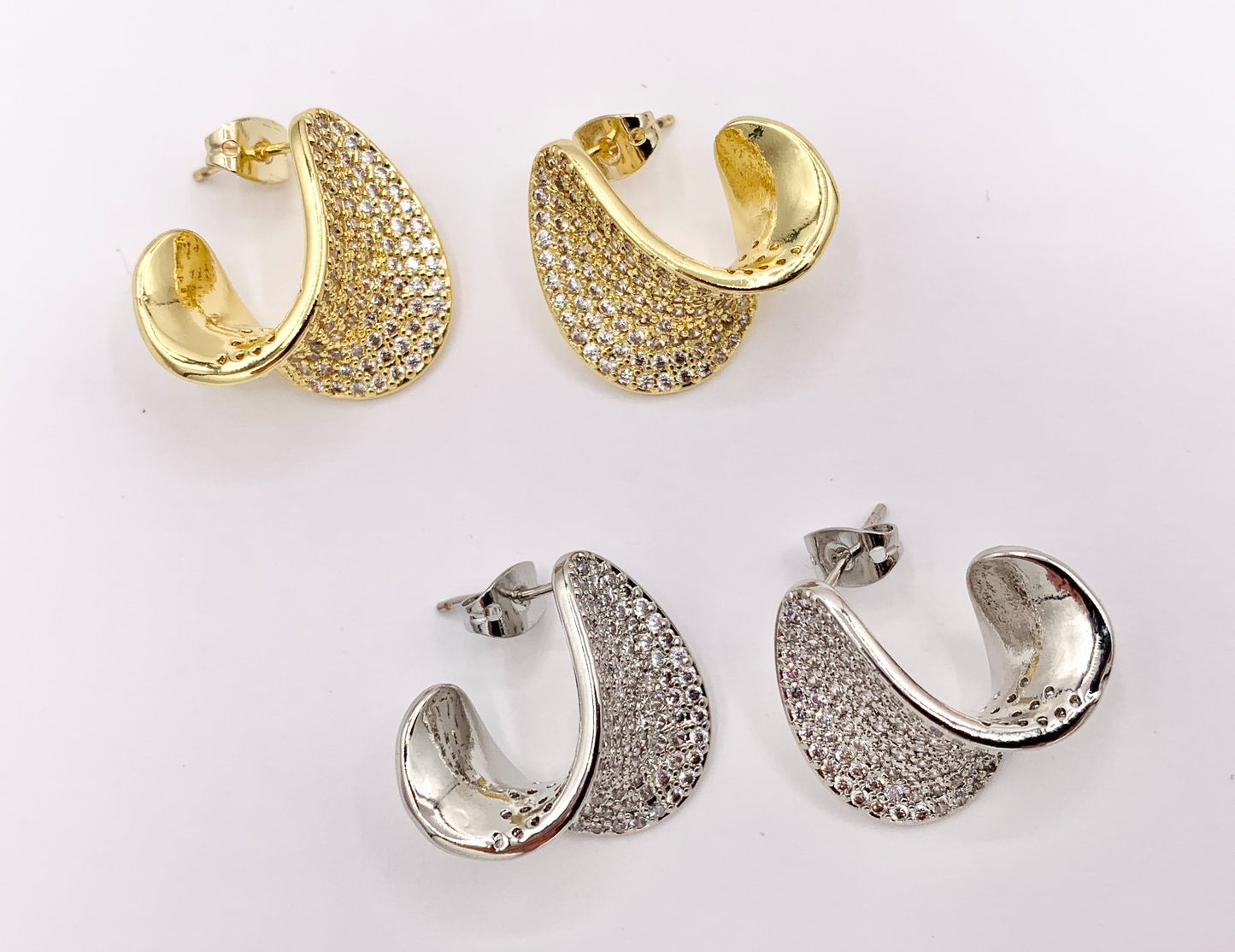 Unique Wrap Curved CZ Pave Hoop Earrings over 18K Gold/Silver Plated Copper3 PAIRS