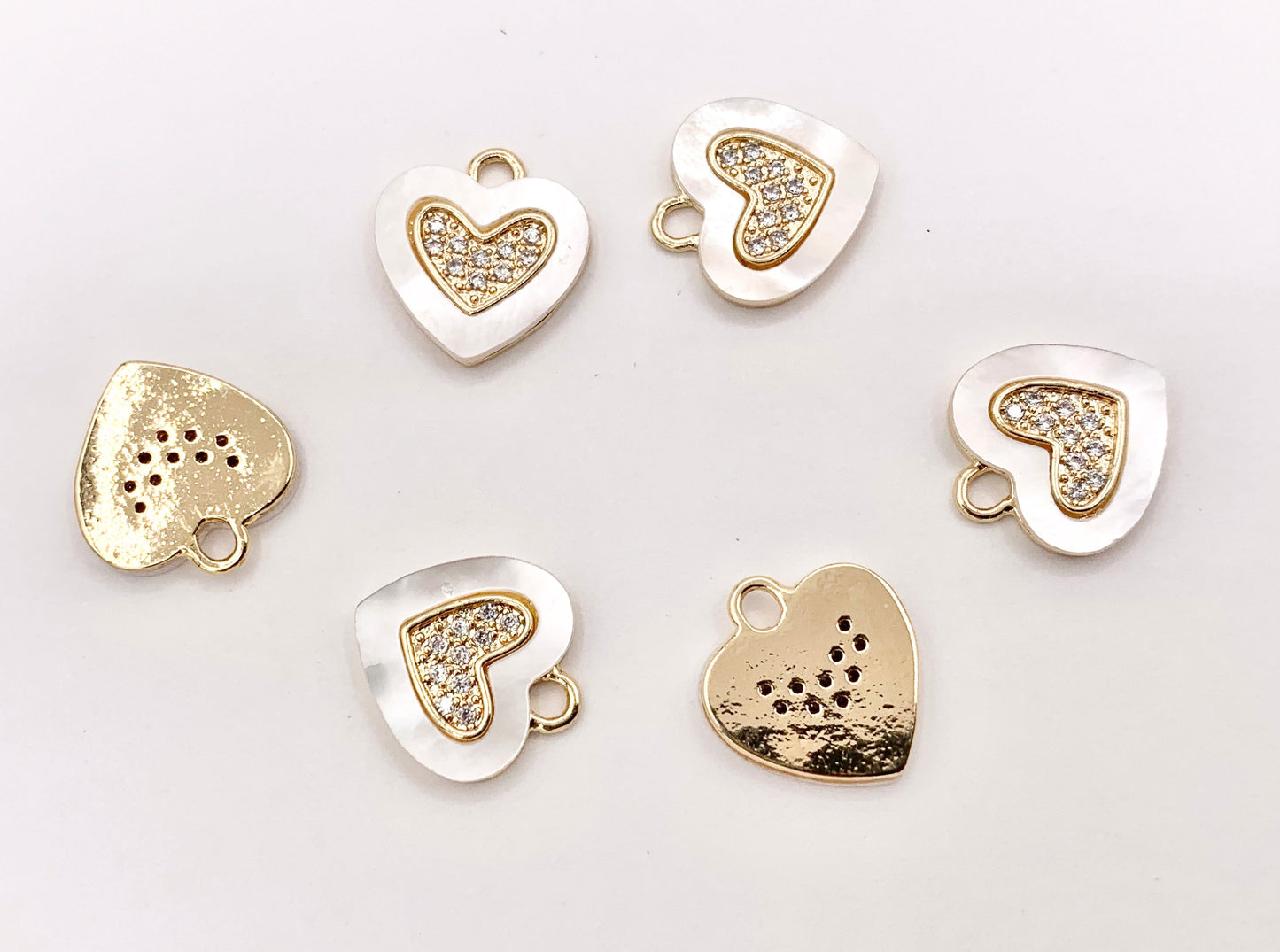 Shell Pearl Heart Charm in CZ Pave Real Gold 18K Plated Over Brass 8 PCS