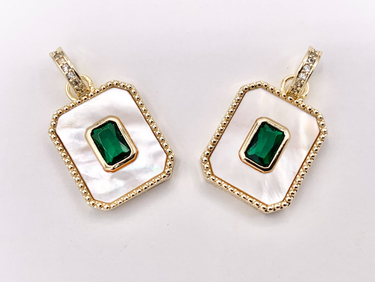 White Lip Shell Rectangle Pendants with Green CZ Pave in 18K Gold Plated over Copper 5 PCS