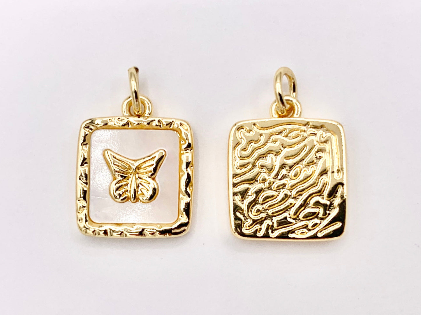 White Lip Shell Square Charms With Heart, Moon Crescent and Butterfly in 18K Gold Plated over Copper 6 PCS