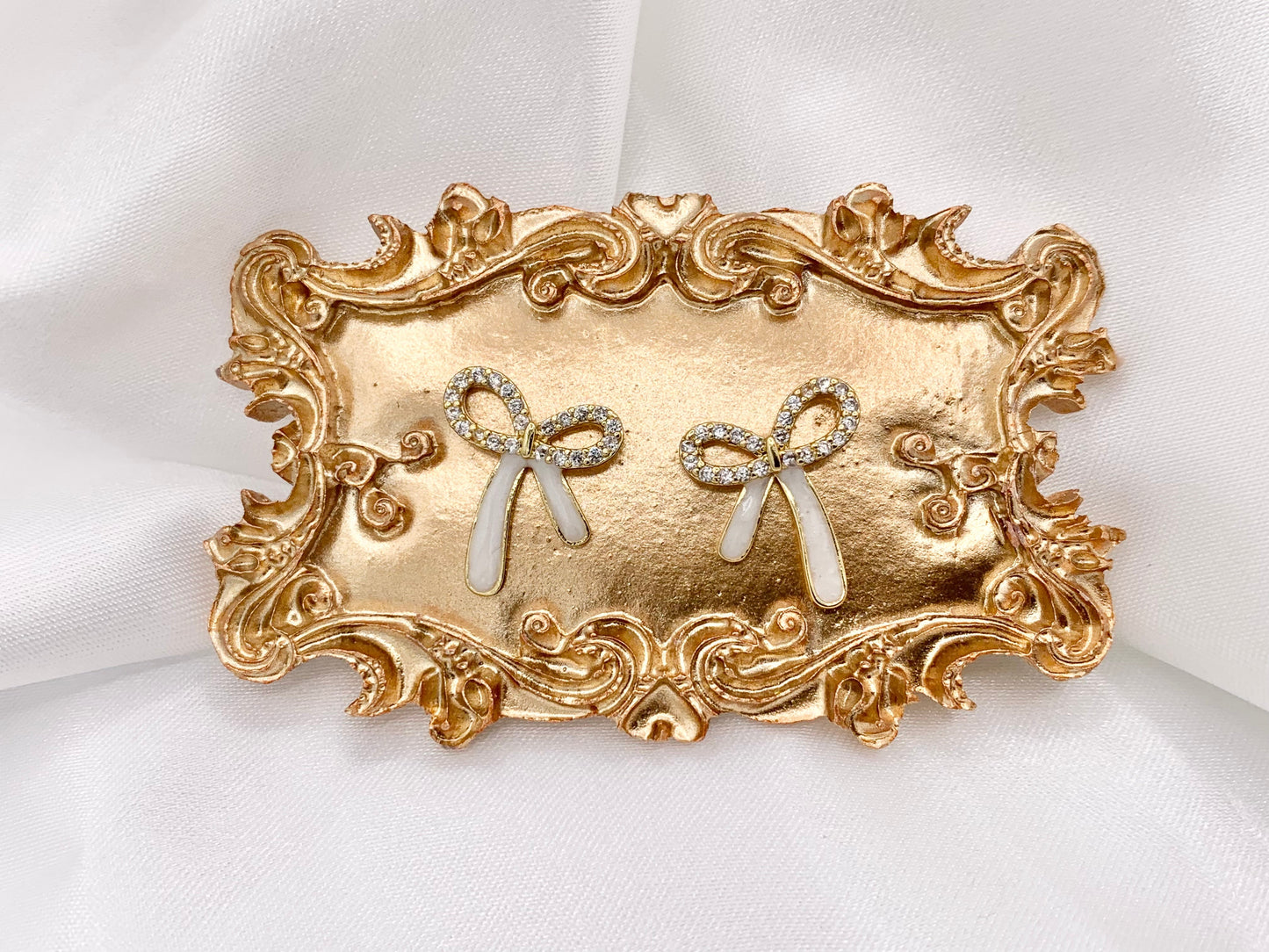 Cute Enamel Bowtie Earring Studs White & Pink Bow Tie Studs in CZ Pave 18K Gold Plated Over Copper Earrings 5 PAIRS