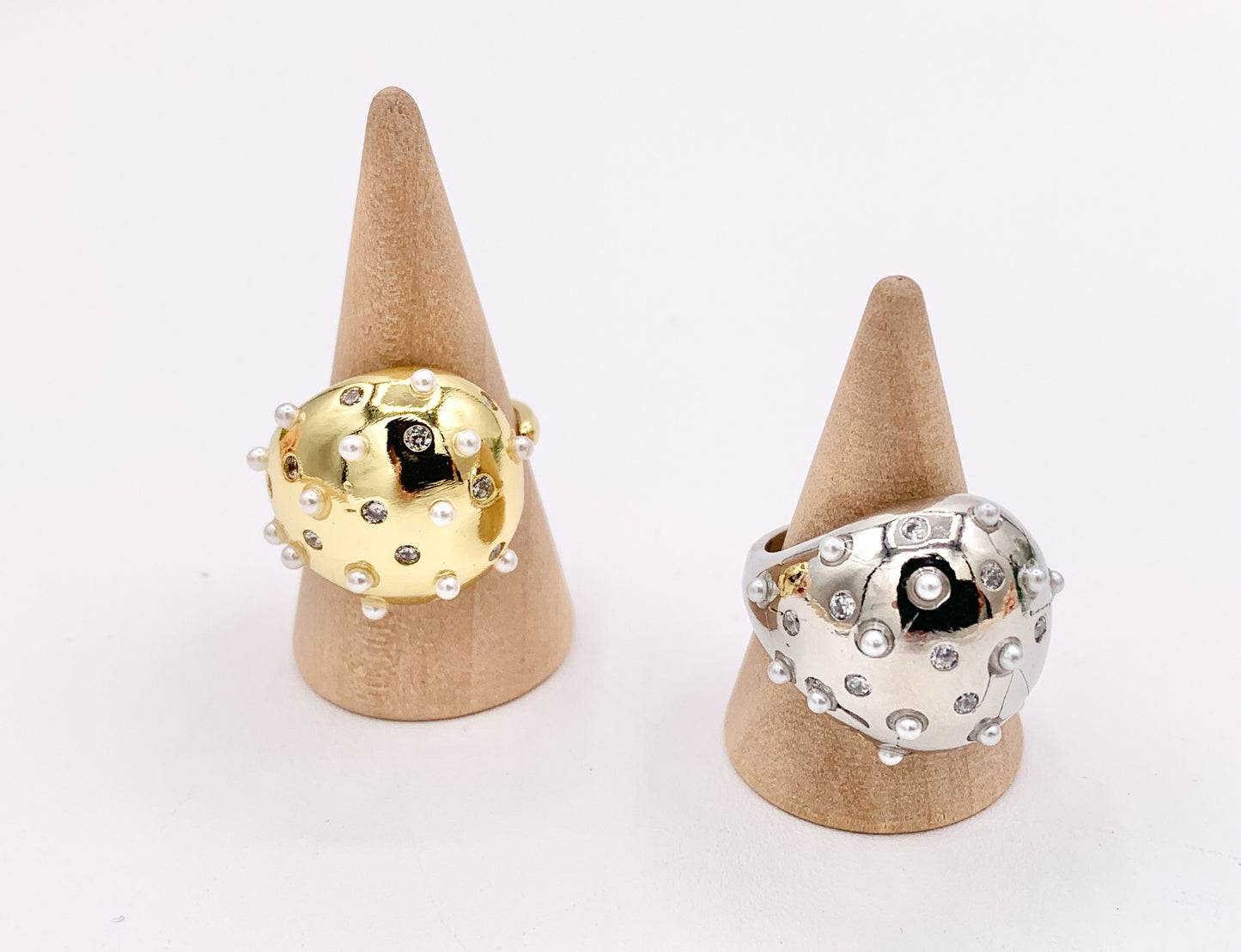 Chunky Drop Bypass Ring With CZ and Pearls in 18K Gold And Platinum Plated Brass 4PCS