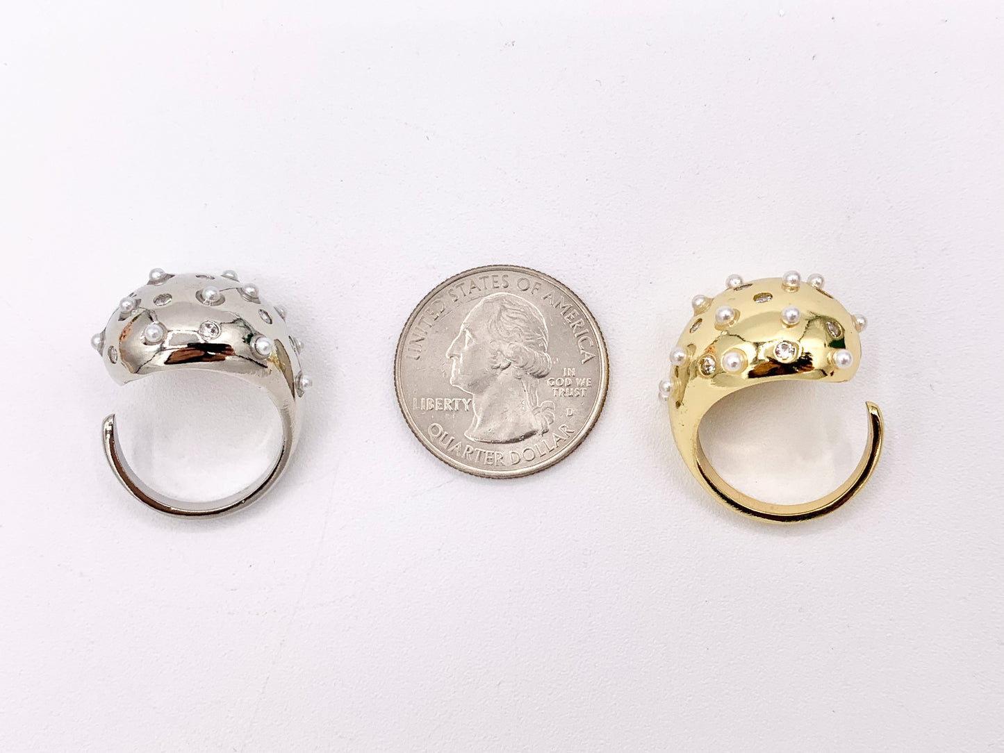 Chunky Drop Bypass Ring With CZ and Pearls in 18K Gold And Platinum Plated Brass 4PCS