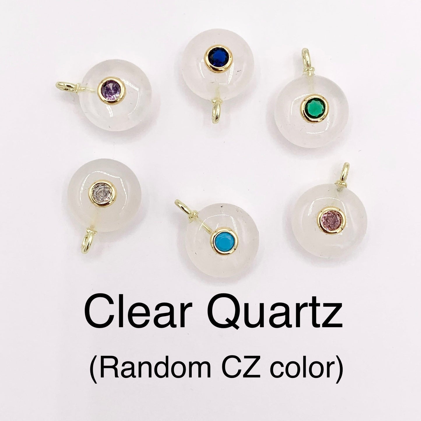 14mm Natural Gemstone Puffy Coin Shape Charm with Colorful CZ Pave | Amethyst/ Aventurine/ Clear Quartz/ Opal/ Rose Quartz 1 PC