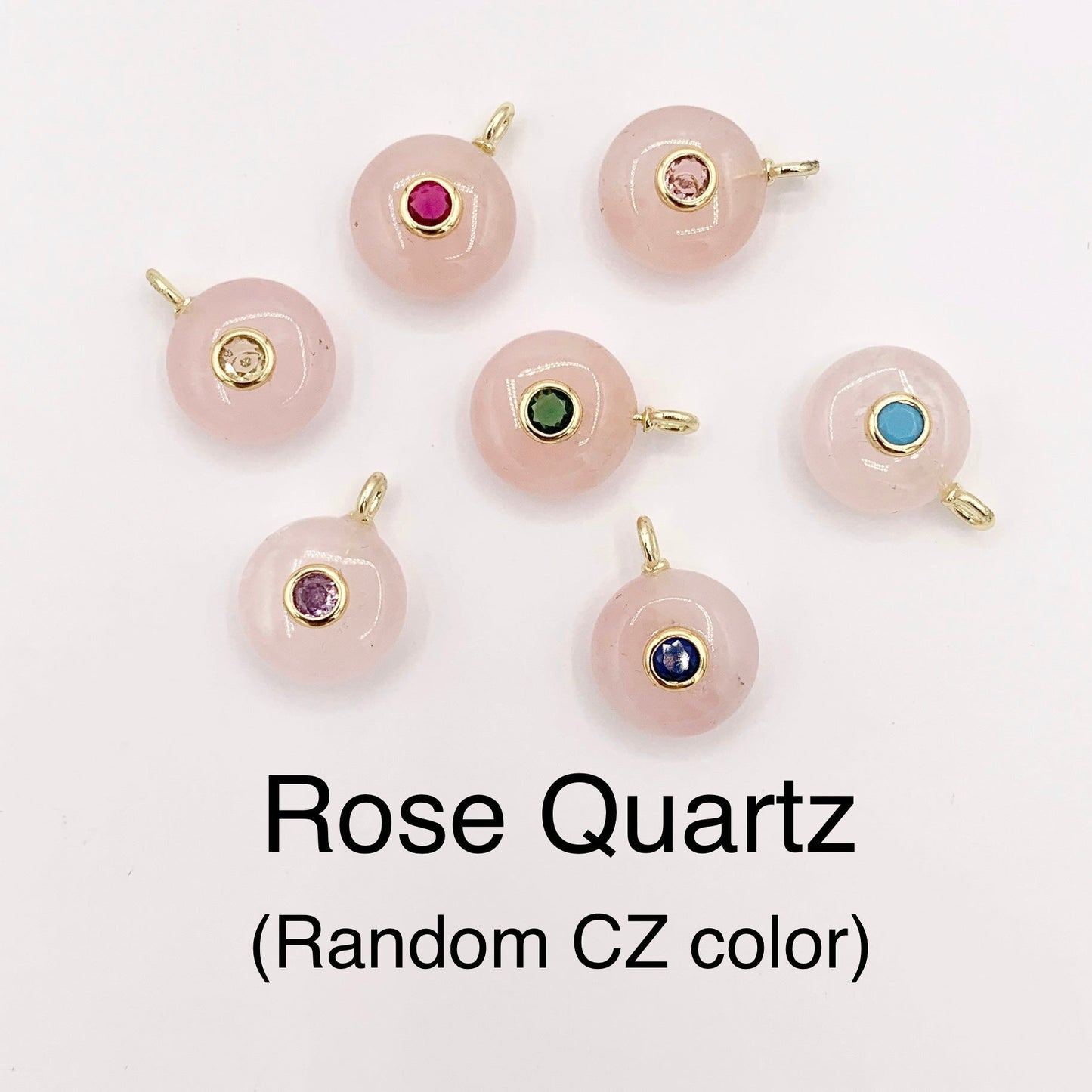 14mm Natural Gemstone Puffy Coin Shape Charm with Colorful CZ Pave | Amethyst/ Aventurine/ Clear Quartz/ Opal/ Rose Quartz 1 PC