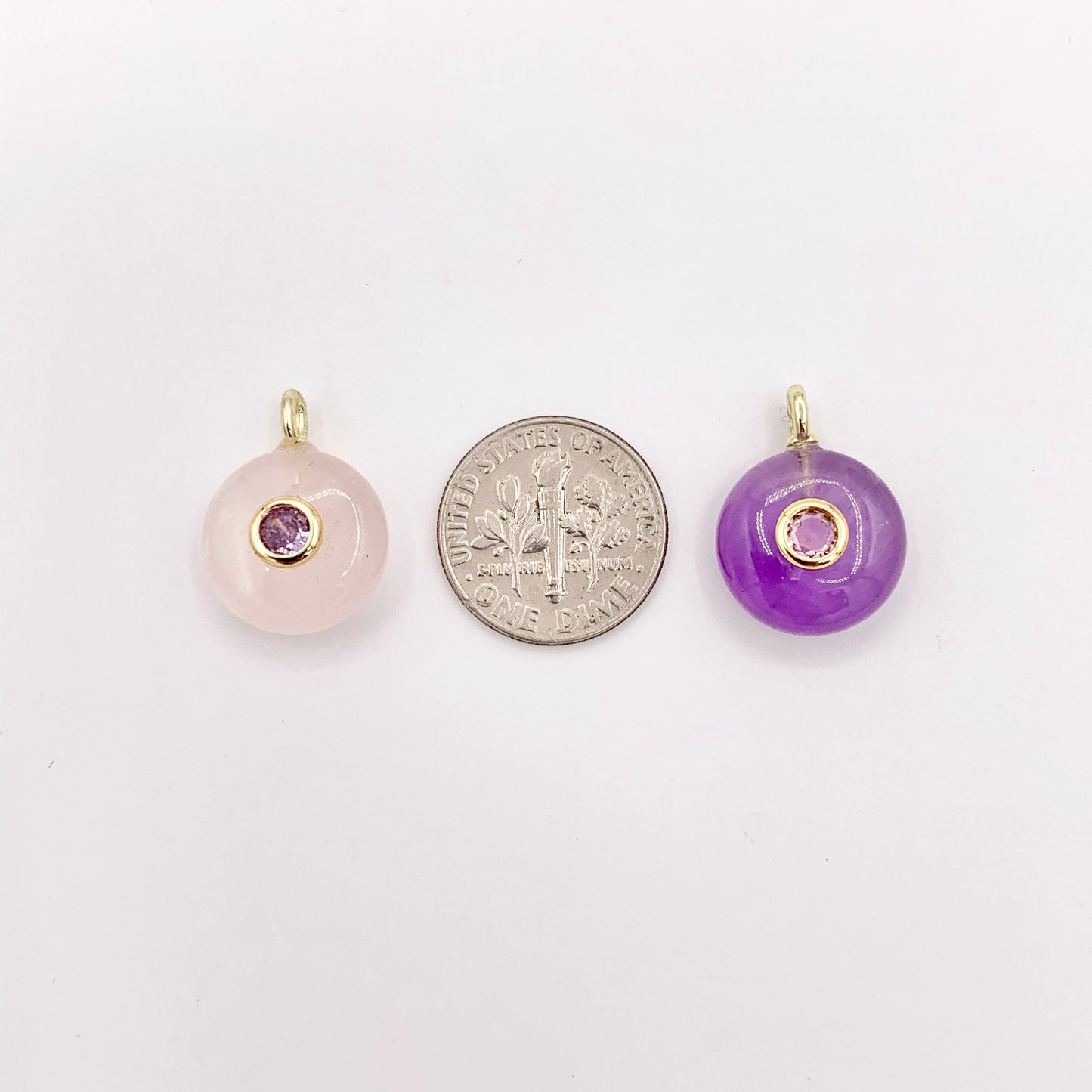 14mm Natural Gemstone Puffy Coin Shape Charm with Colorful CZ Pave | Amethyst/ Aventurine/ Clear Quartz/ Opal/ Rose Quartz 1 PC