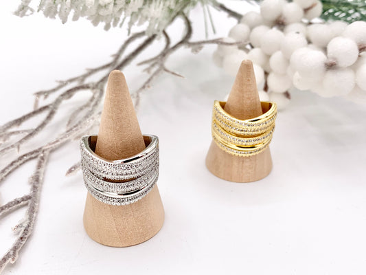 Thick Wrap Adjustable Ring in Real Gold/Platinum 18K Plated Copper CZ Pave 3PCS