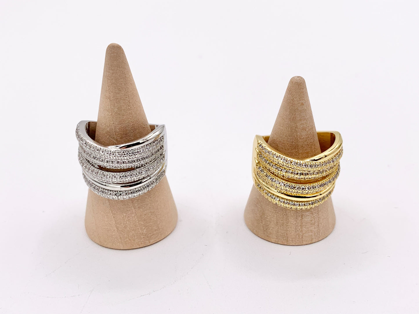 Thick Wrap Adjustable Ring in Real Gold/Platinum 18K Plated Copper CZ Pave 3PCS