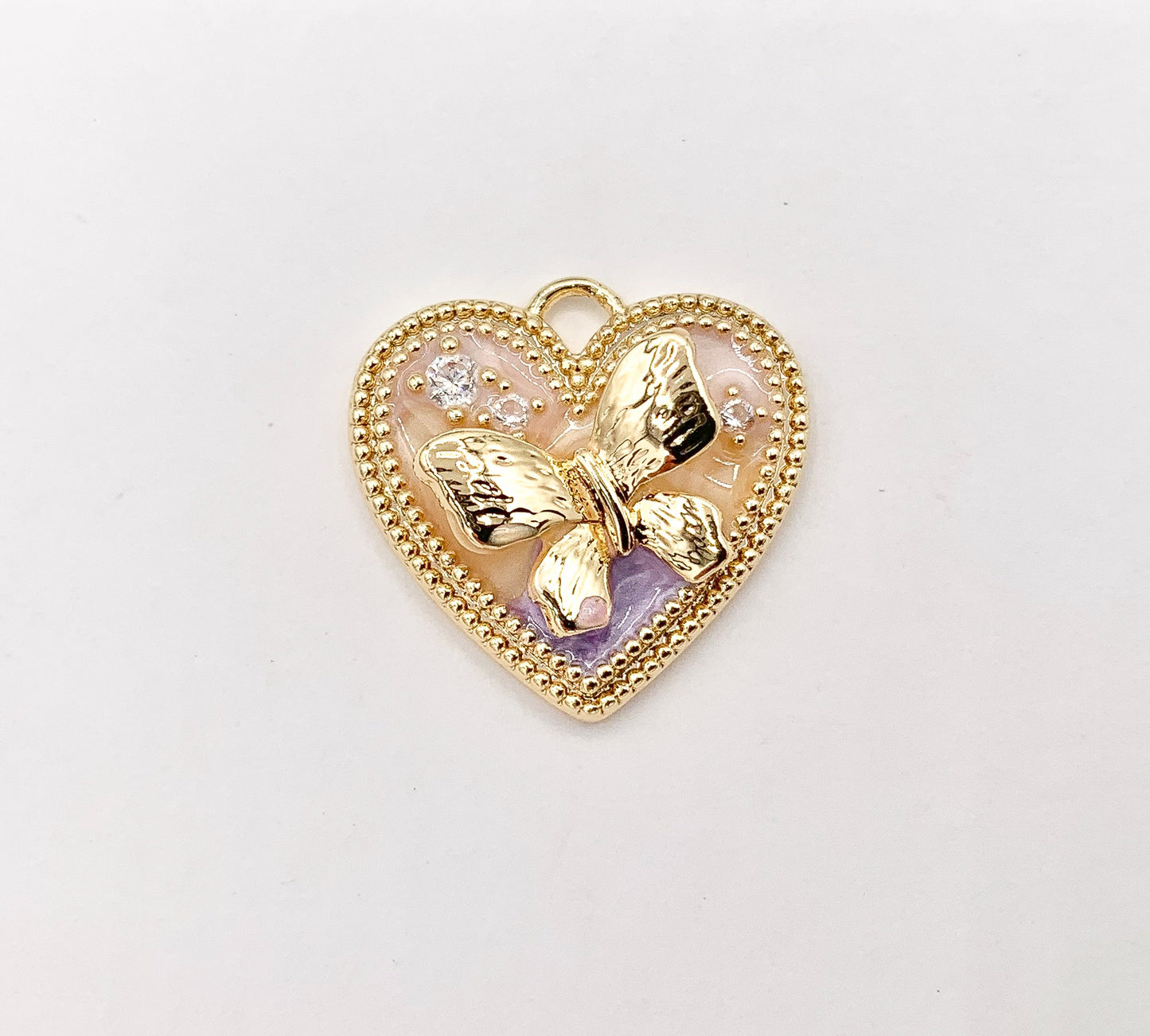 Cute Pink Enamel Heart with Butterfly Charms in 18K Gold Plated Over Copper 6 PCS