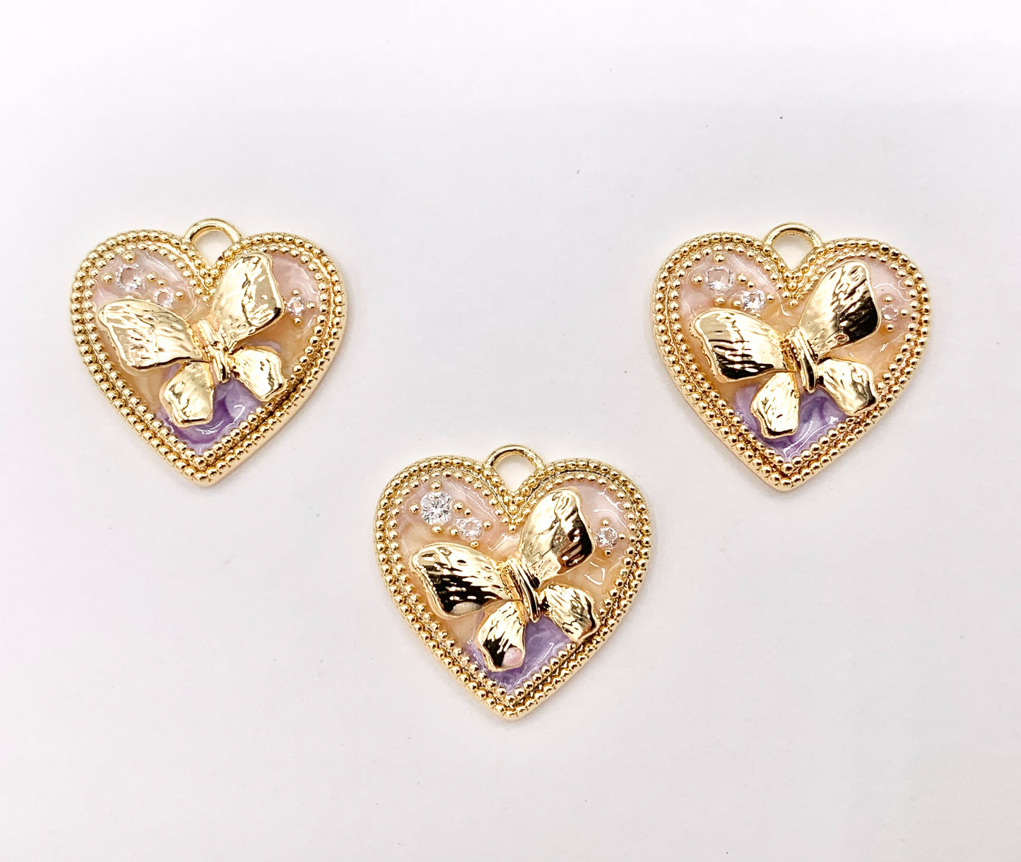 Cute Pink Enamel Heart with Butterfly Charms in 18K Gold Plated Over Copper 6 PCS