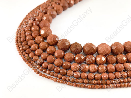 Reddish-Brown Glittering Goldstone faceted Round Beads Around 15"