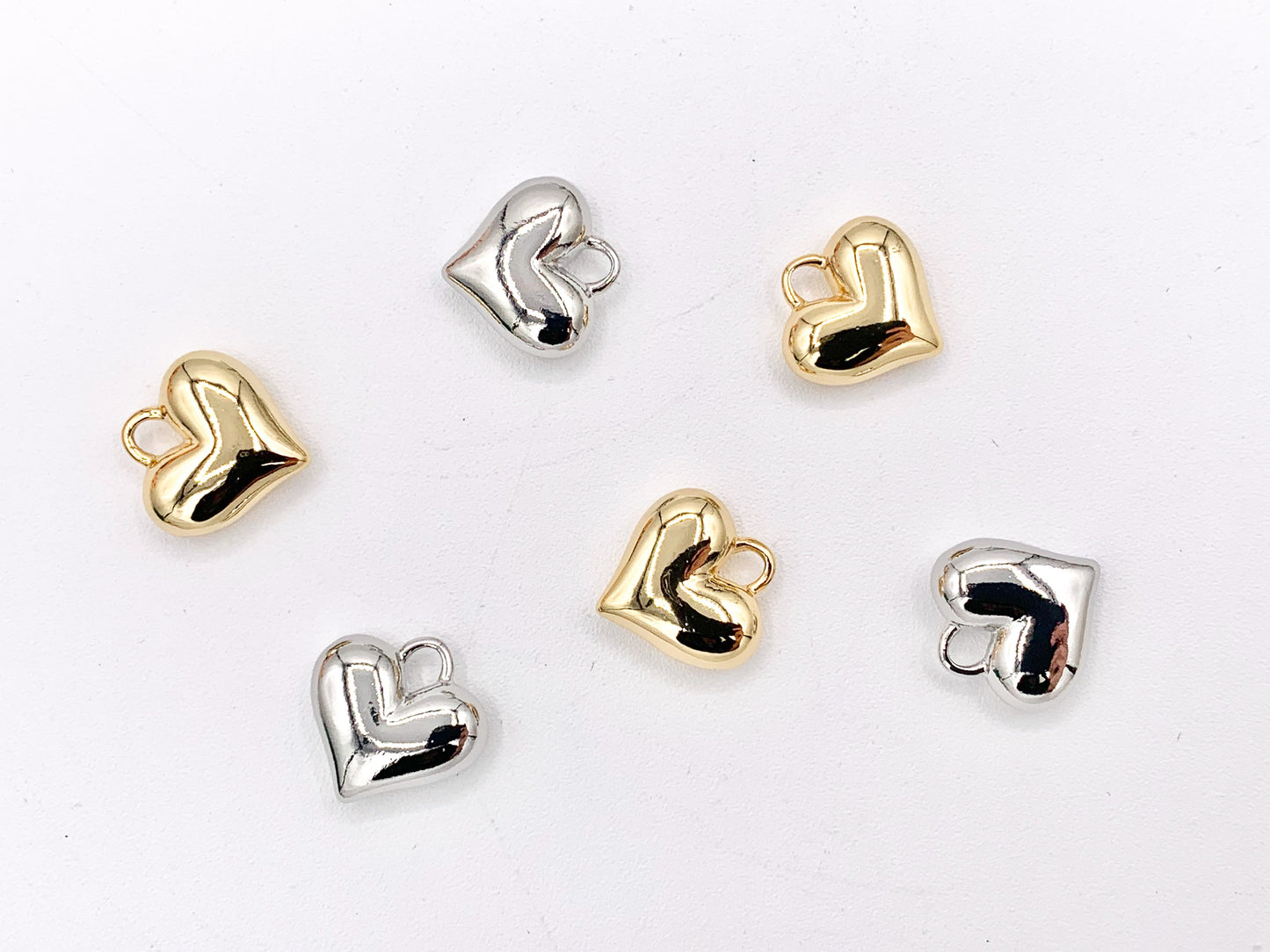 Cute Puffy Heart Pendant Charms in 18K Gold or Silver Plated Copper 6 PCS