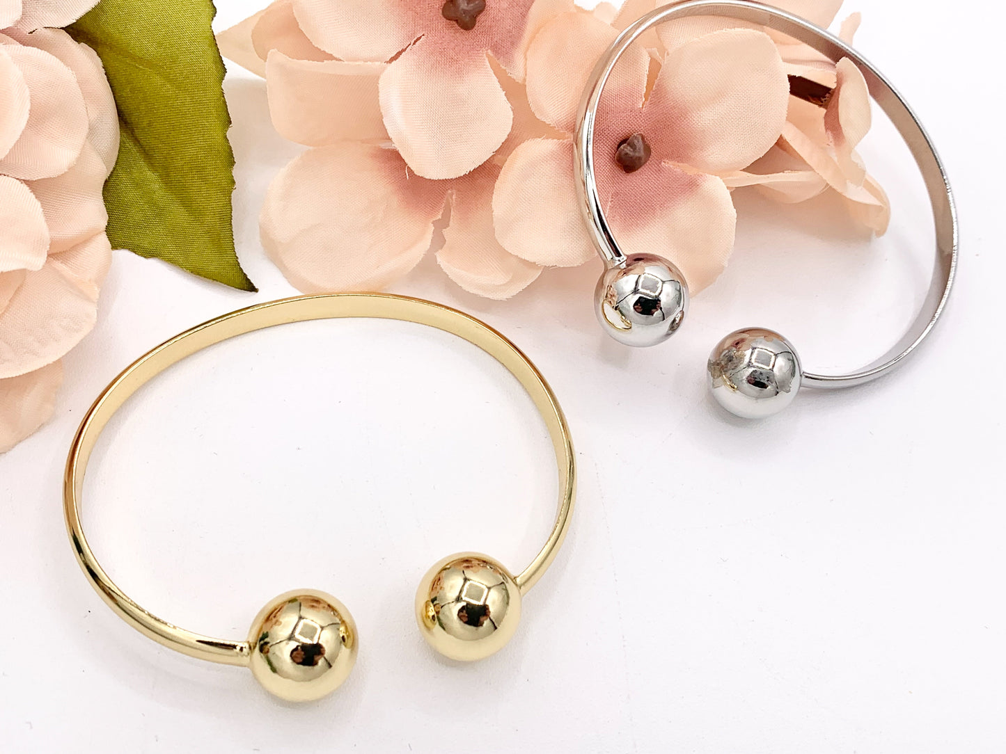 Simple Minimalist Adjustable Open Front Ball End Bracelet Cuffs in Real Gold/Platinum 18K Plated Copper 2 PCS