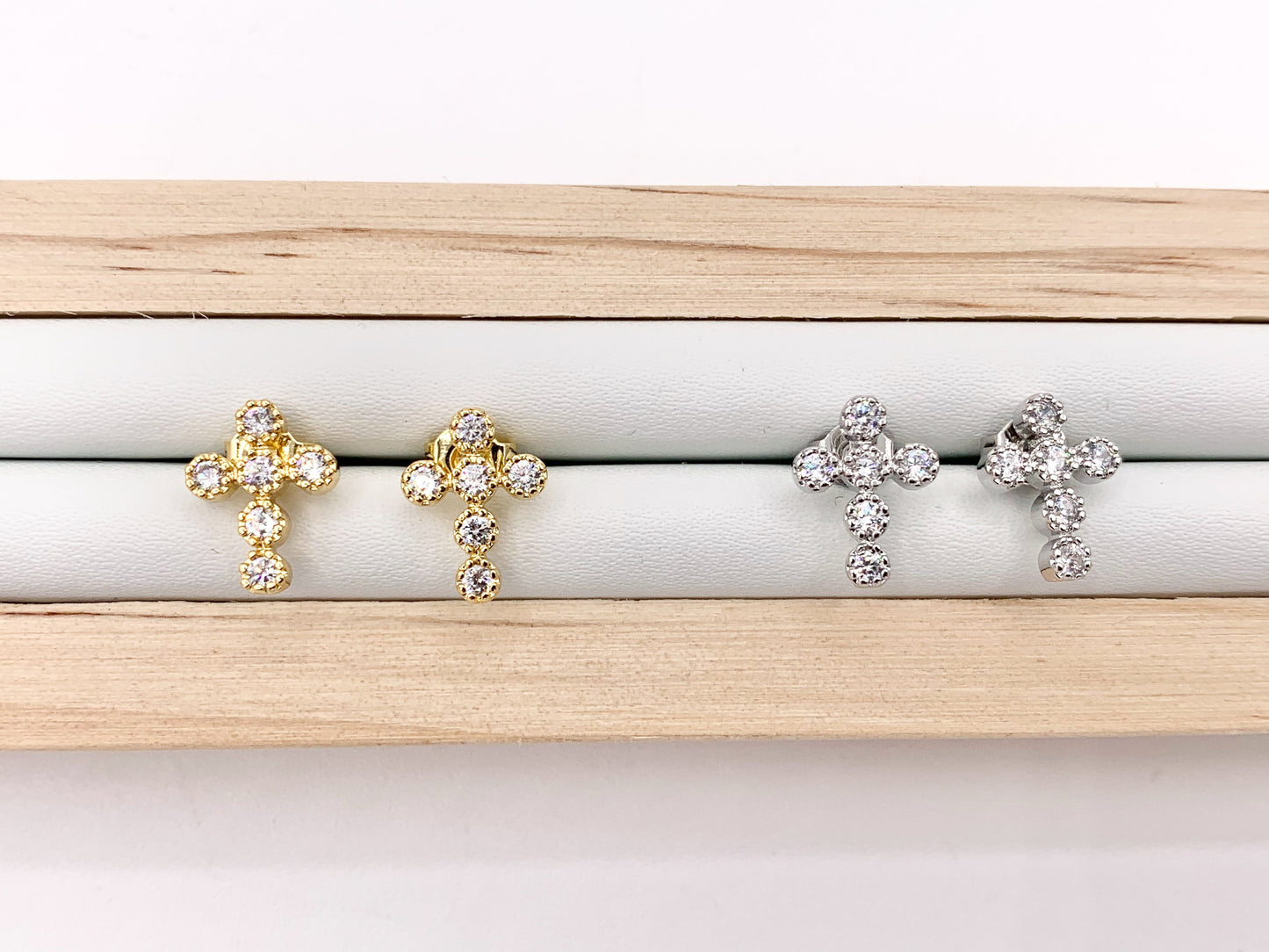 Cute Dainty Cross Studs in CZ Pave 18K Gold/Platinum Plated Over Copper Earrings 5 PAIRS