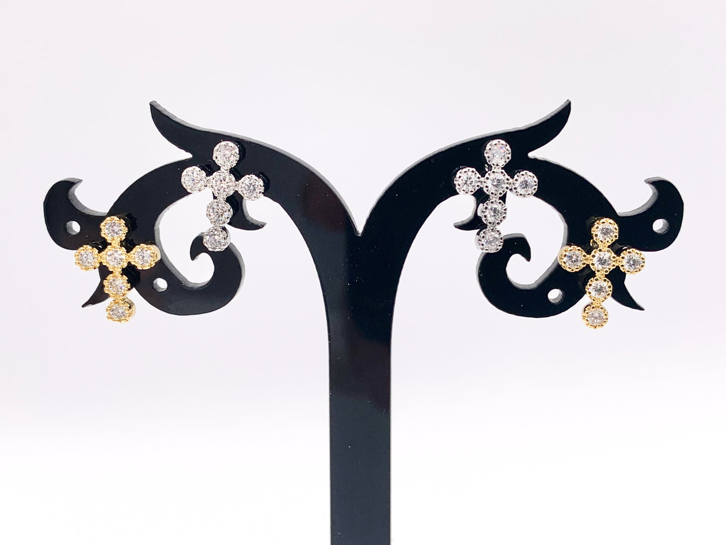 Cute Dainty Cross Studs in CZ Pave 18K Gold/Platinum Plated Over Copper Earrings 5 PAIRS