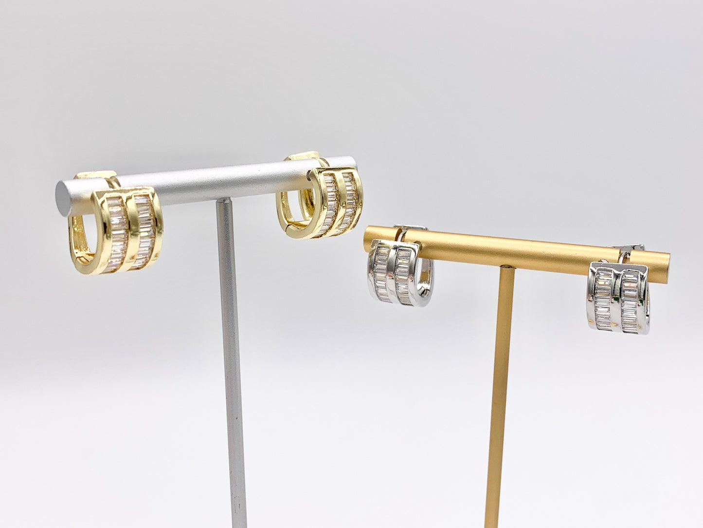 Baguette Micro Pave CZ Earring Hoop Huggies in Real 18K Gold/Silver Plated Copper 3 PAIRS