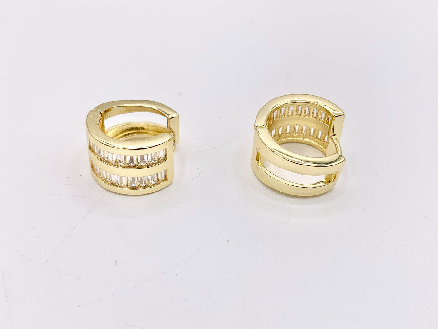 Baguette Micro Pave CZ Earring Hoop Huggies in Real 18K Gold/Silver Plated Copper 3 PAIRS