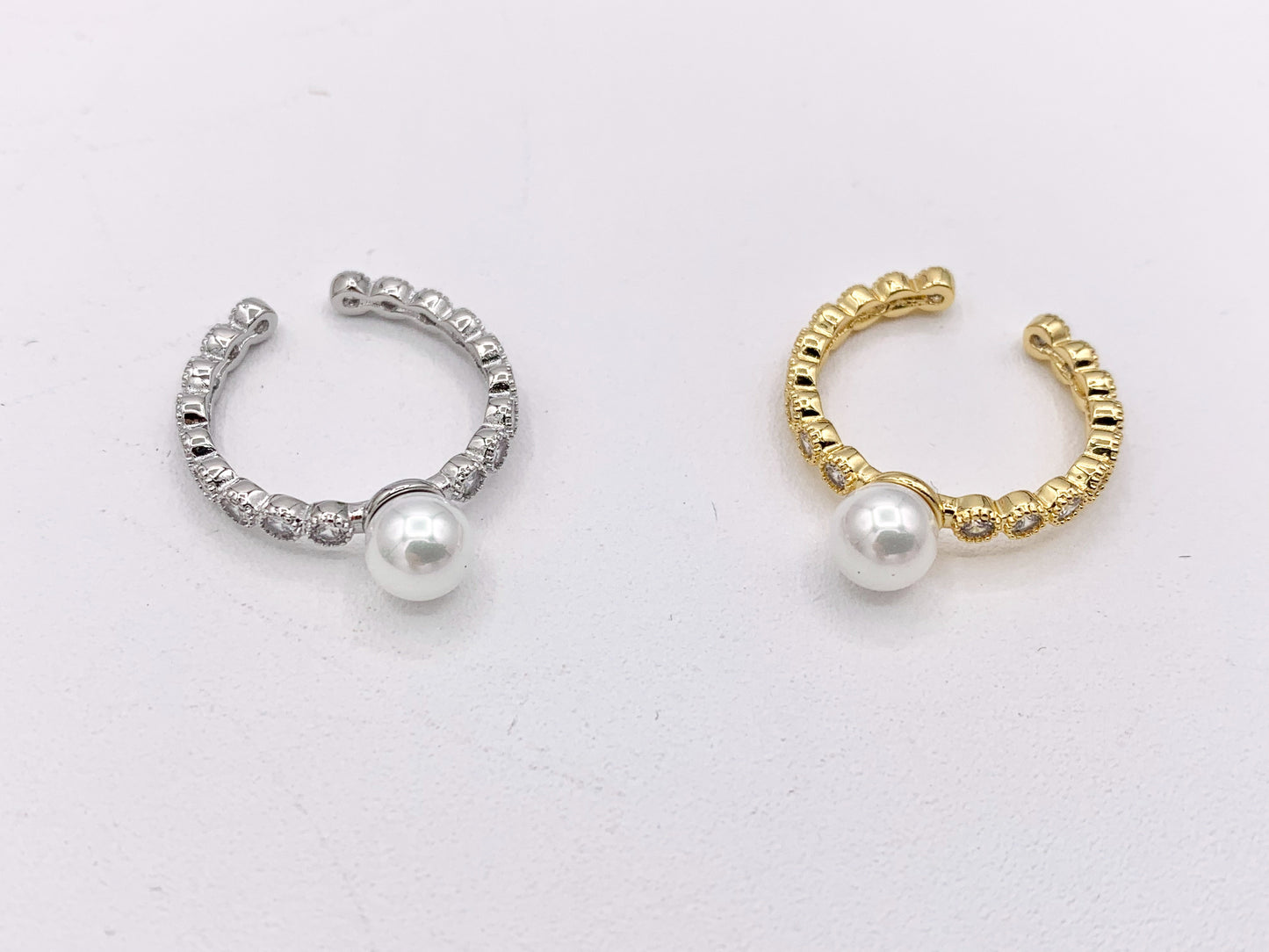 Single Pearl CZ Pave Adjustable Ring in Real Gold/Silver 18K Plated Copper 5 PCS