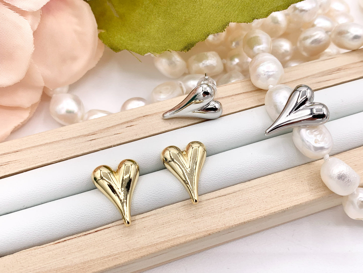 Cute Puffy Heart Earring Stud in Real 18K Gold and Silver Plated Over Copper 5 PAIRS