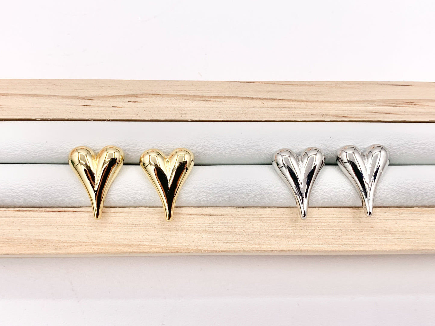 Cute Puffy Heart Earring Stud in Real 18K Gold and Silver Plated Over Copper 5 PAIRS