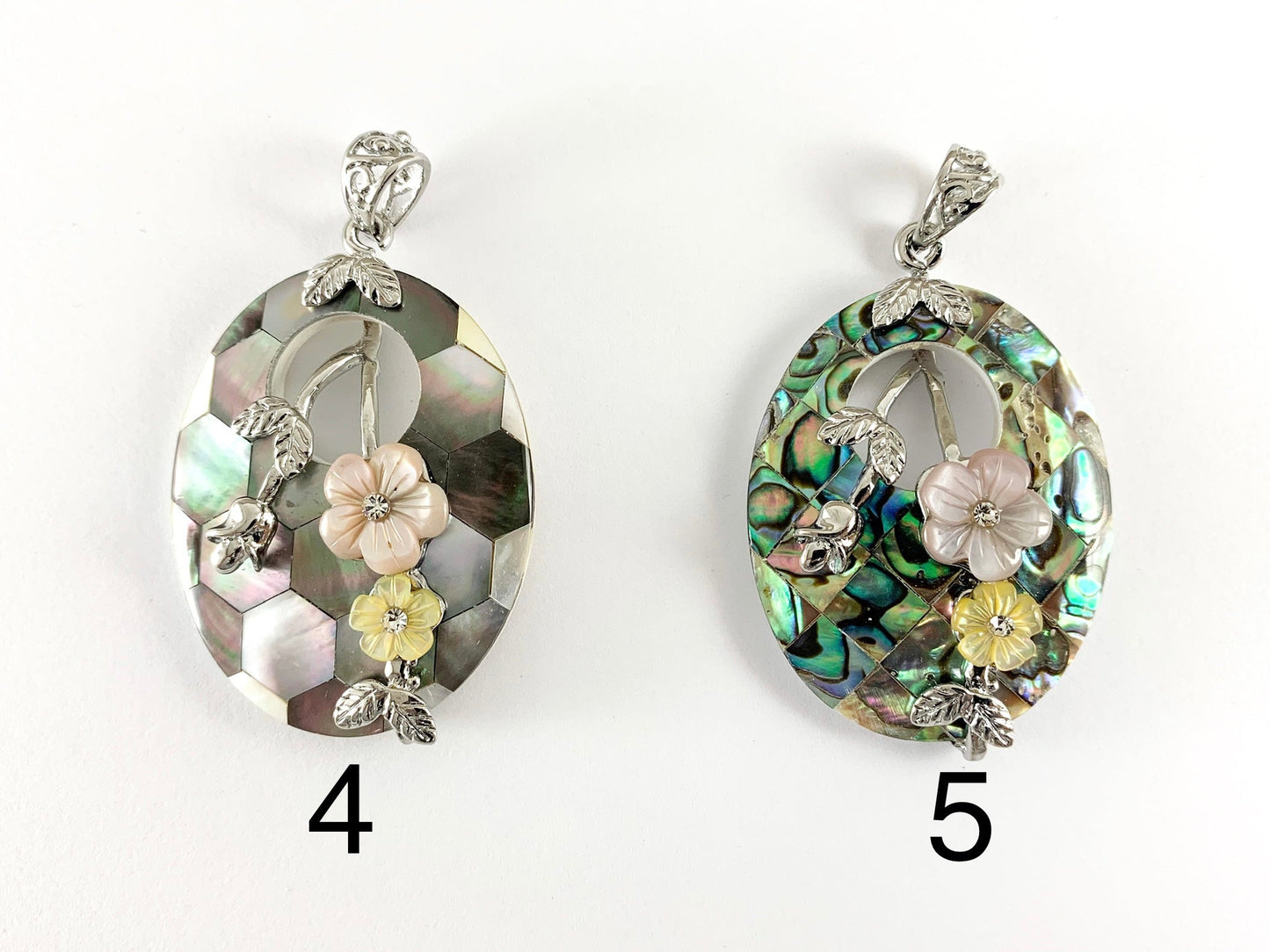 Abalone & Colorful Shell Oval Pendant with Flowers