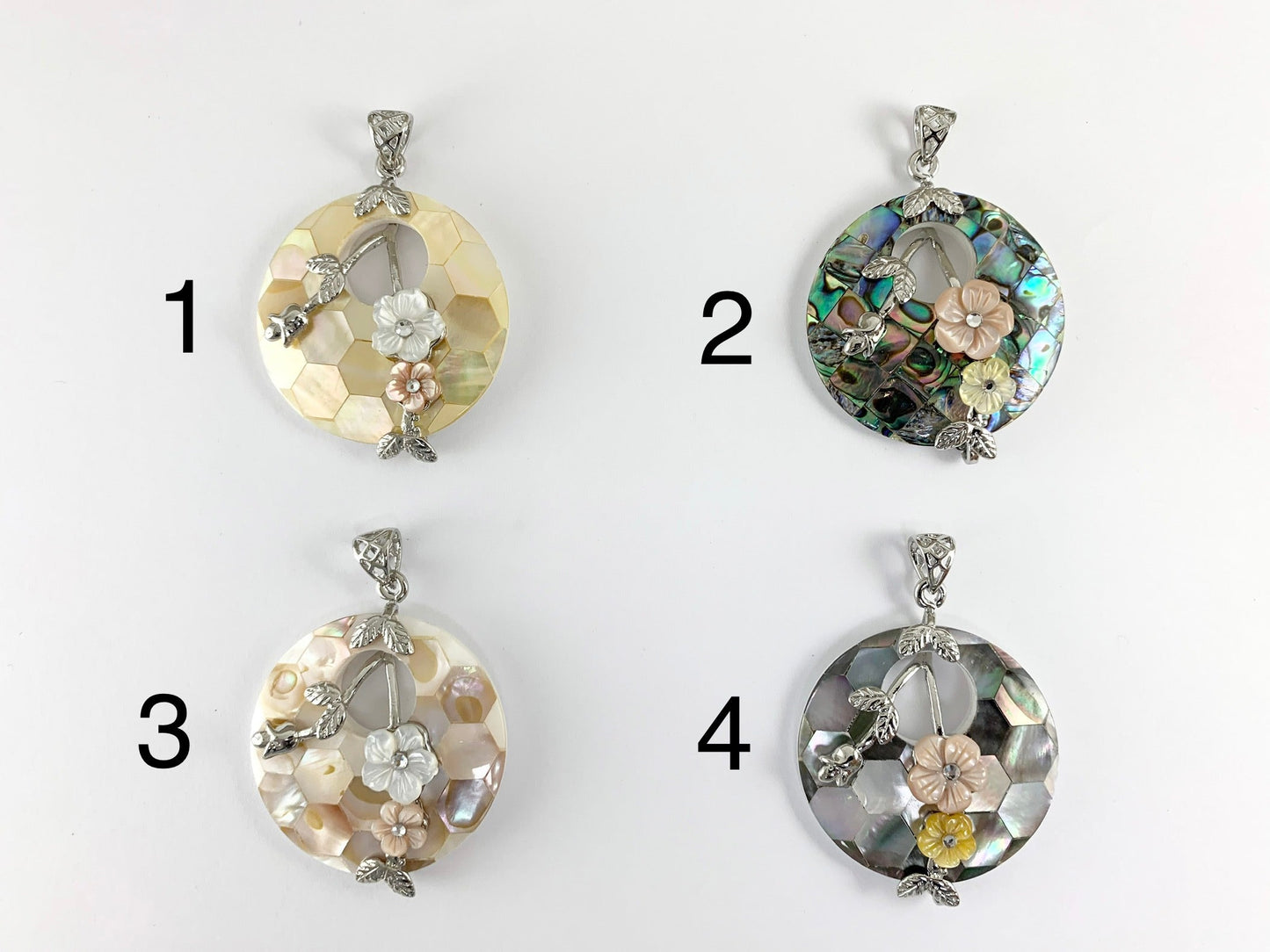 Abalone & Colorful Shell Coin Pendant with Flowers