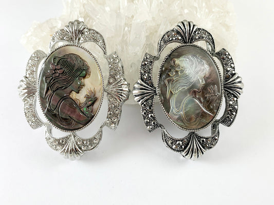 Vintage Woman Cameo Black Lip Shell Oval Rhinestone Antique Silver Decorative Pendant