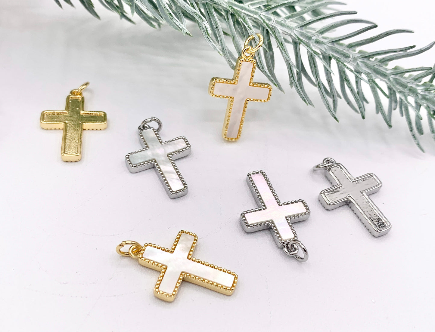 Dainty Cute White Lip Shell Cross Charms in 18K Gold/Silver Plated Copper 6 PCS
