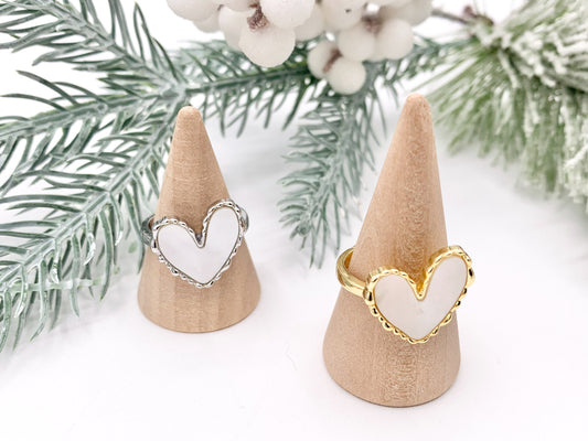 Dainty Abstract Heart White Lip Shell Adjustable Ring in 18K Real Gold/Silver Plated Copper 6 PCS