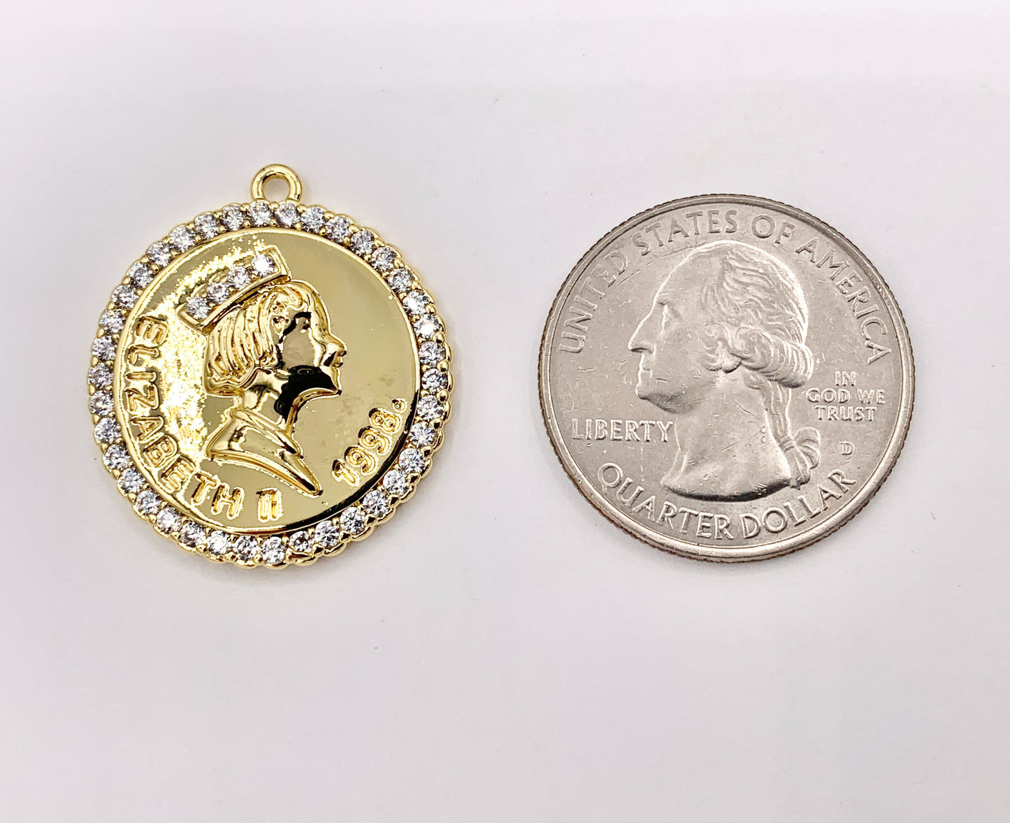 Queen Elizabeth Coin Pendant in CZ Pave 18K Gold Plated Copper 6PCS