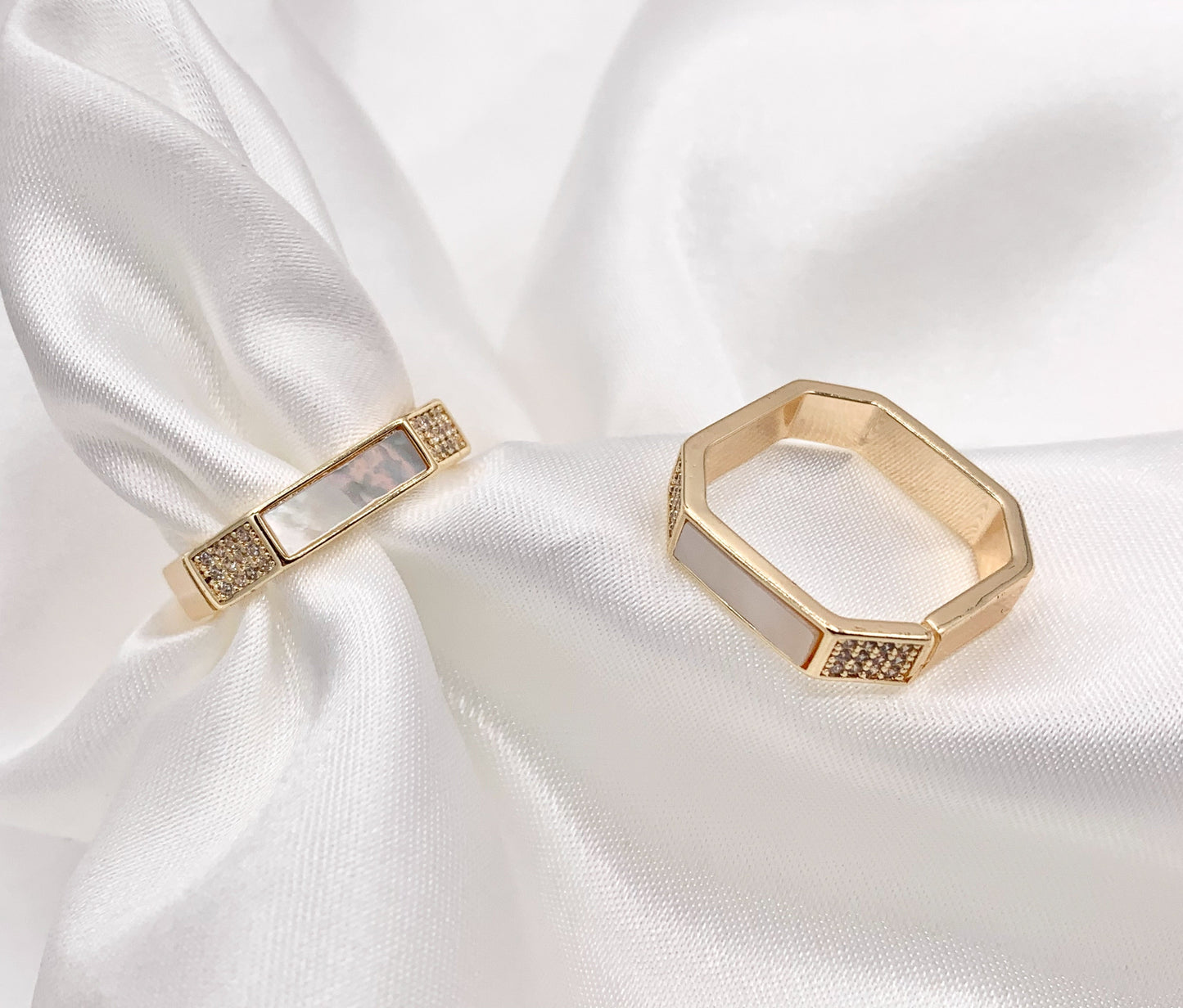 White Shell Banded CZ Pave Square Adjustable Ring in 18K Gold Plated Copper  4 PCS