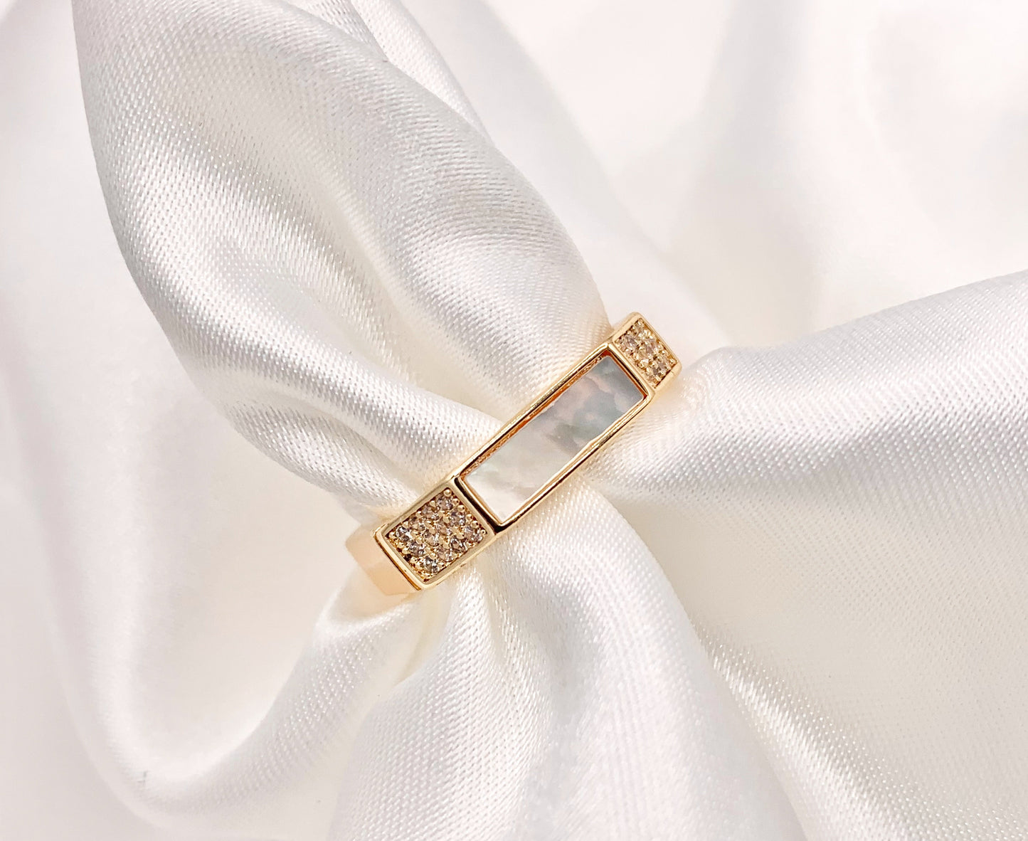 White Shell Banded CZ Pave Square Adjustable Ring in 18K Gold Plated Copper  4 PCS