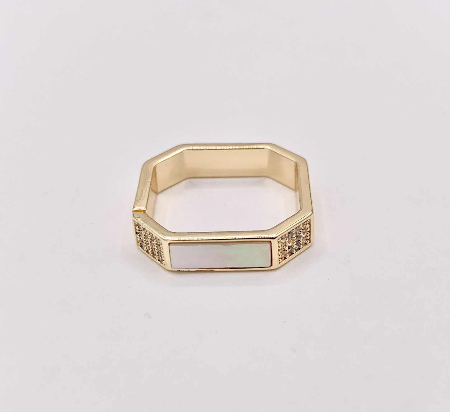 White Shell Banded CZ Pave Square Adjustable Ring in 18K Gold Plated Copper  4 PCS